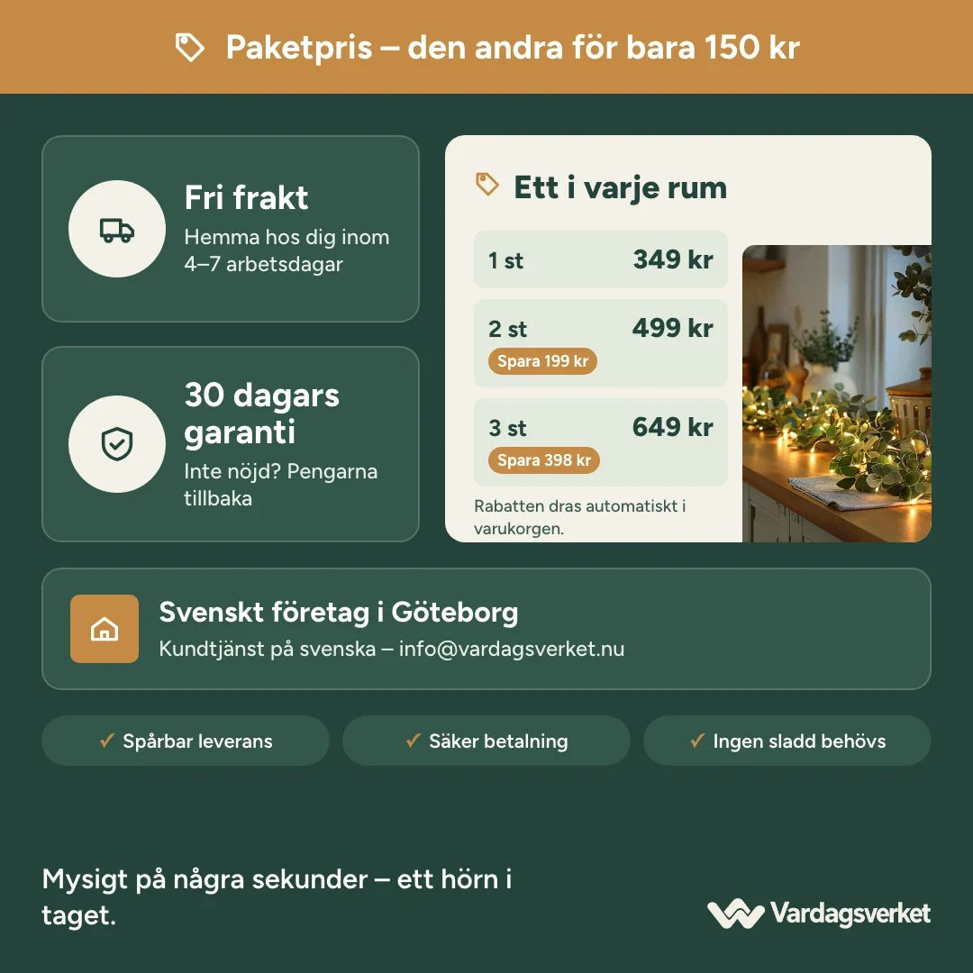 Paketpris på GlowLine – 1 st 349 kr, 2 st 499 kr, 3 st 649 kr, fri frakt och 30 dagars garanti