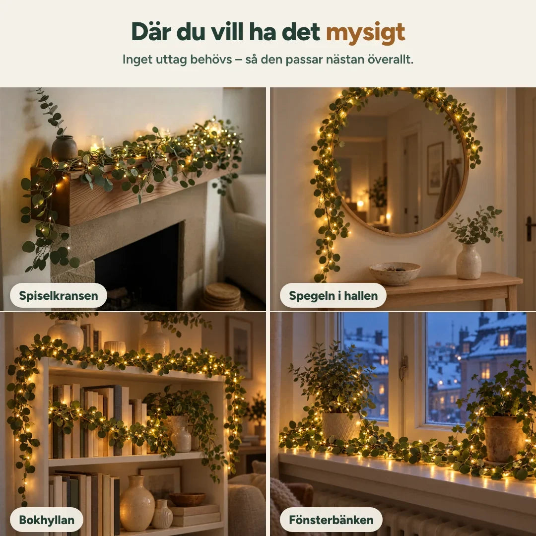 GlowLine på spiselkransen, runt hallspegeln, på bokhyllan och i fönstret