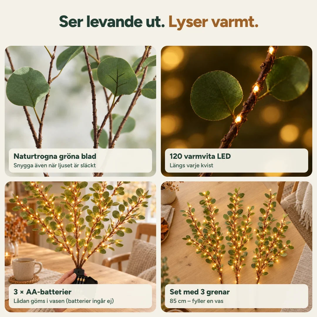 GlowBranch detaljer – naturtrogna blad, 120 varmvita LED, 3 AA-batterier, set med 3 grenar