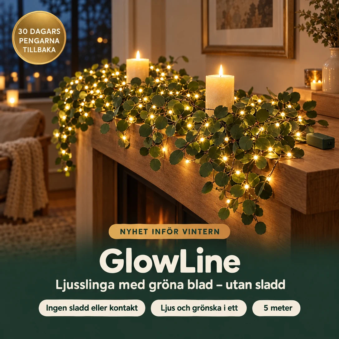 GlowLine ljusslinga med gröna blad på en spiselkrans – utan sladd